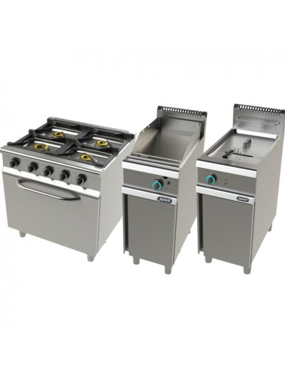 Conjunto Junex - Fogão de 4 Queimadores com Forno + Fritadeira de 13 Litros + Fry Top - Gás - Linha 700